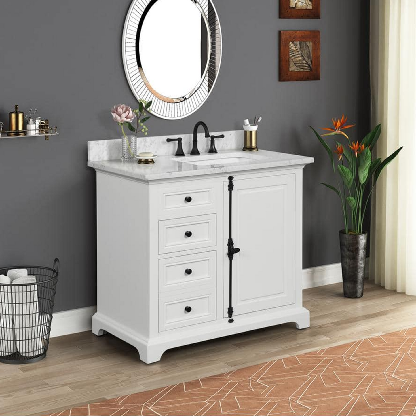 36" Icon Premium Freestanding Solid Wood White Bathroom Vanity with 1 In. Thick Premium Carrara Natural Marble Sink Top with 4 In. Backsplash
