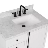 36" Icon Premium Freestanding Solid Wood White Bathroom Vanity with 1 In. Thick Premium Carrara Natural Marble Sink Top with 4 In. Backsplash