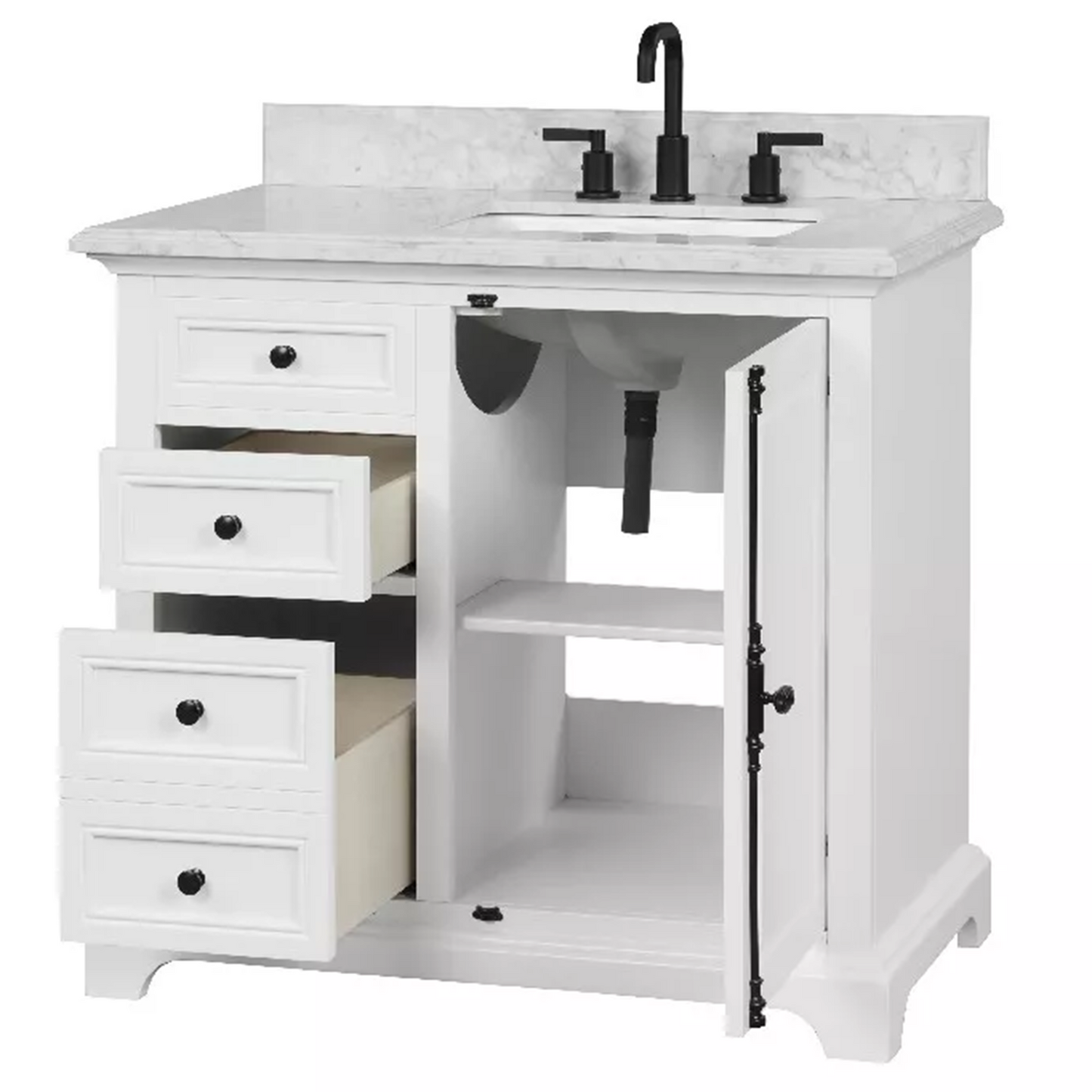 36" Icon Premium Freestanding Solid Wood White Bathroom Vanity with 1 In. Thick Premium Carrara Natural Marble Sink Top with 4 In. Backsplash