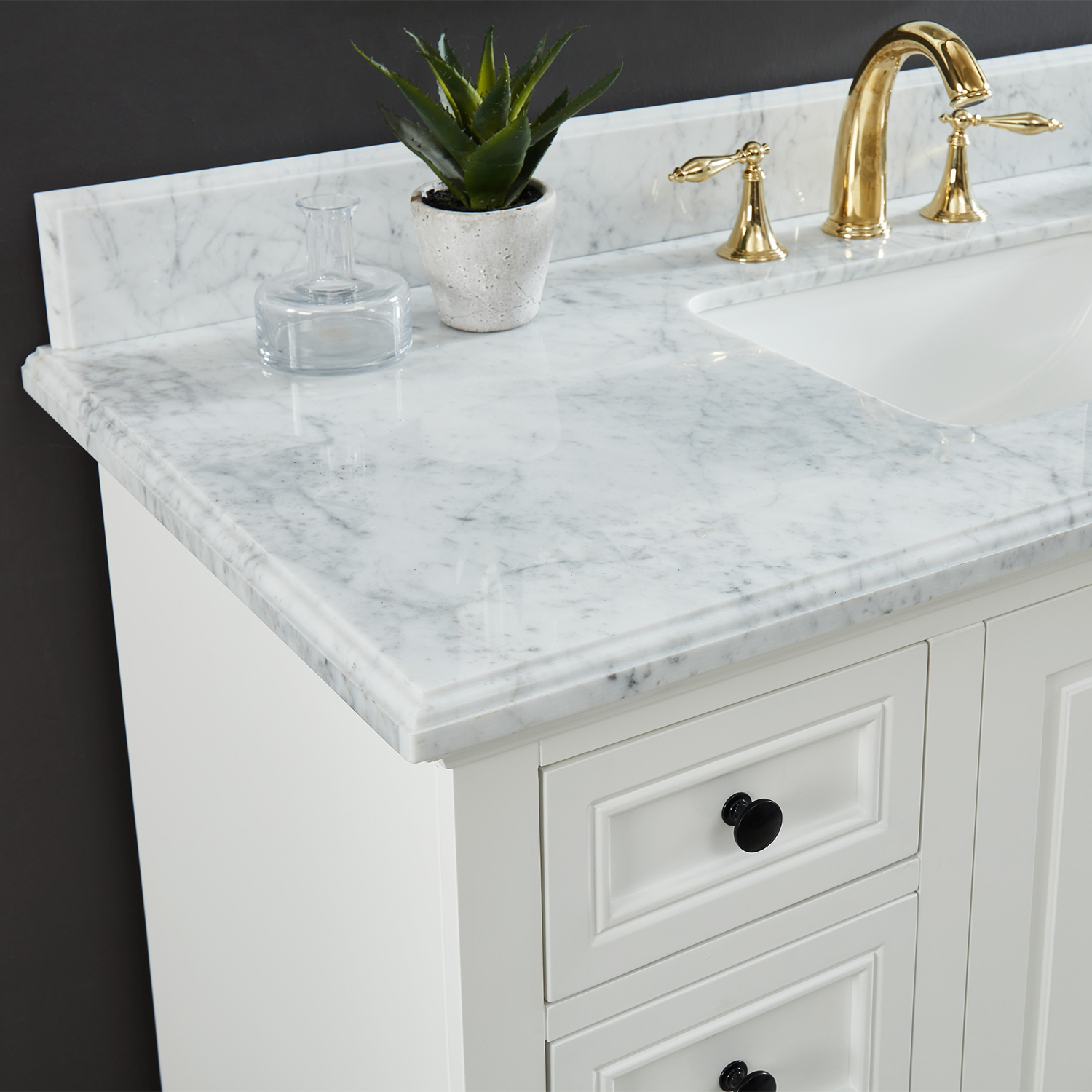 36" Icon Premium Freestanding Solid Wood White Bathroom Vanity with 1 In. Thick Premium Carrara Natural Marble Sink Top with 4 In. Backsplash