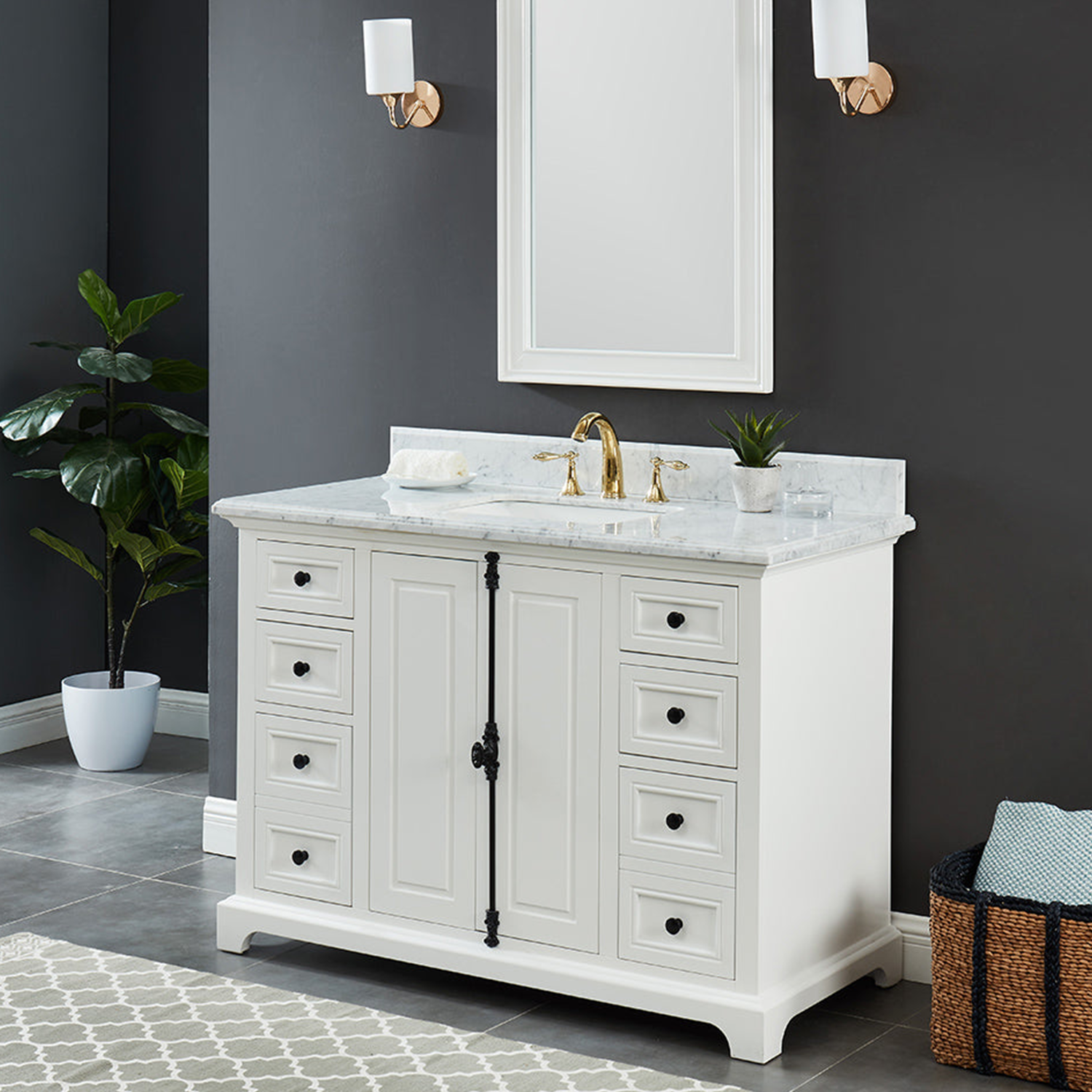 48" Icon Premium Freestanding Solid Wood White Bathroom Vanity with 1 In. Thick Premium Carrara Natural Marble Sink Top with 4 In. Backsplash