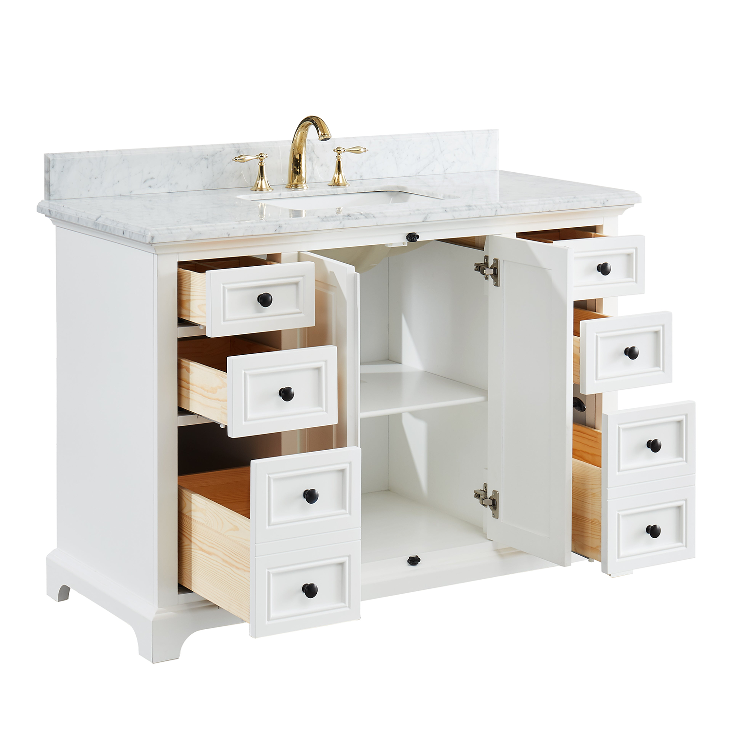48" Icon Premium Freestanding Solid Wood White Bathroom Vanity with 1 In. Thick Premium Carrara Natural Marble Sink Top with 4 In. Backsplash