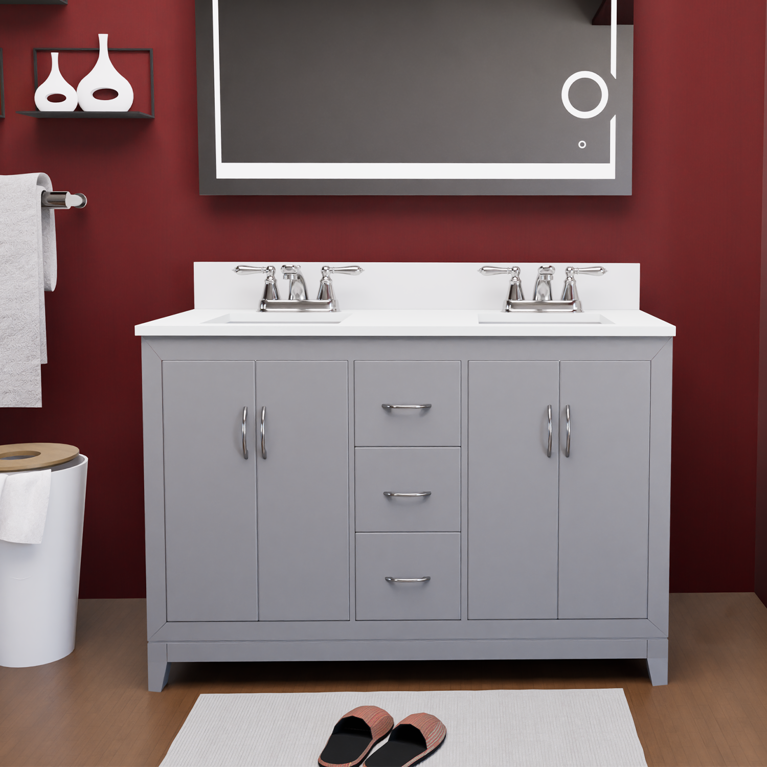 Gray 60" Luton Freestanding Solid Wood Bathroom Vanity With Crystal White Engineered Stone Double Sink Top & 4 In. Backsplash in Nature Wood Finish
