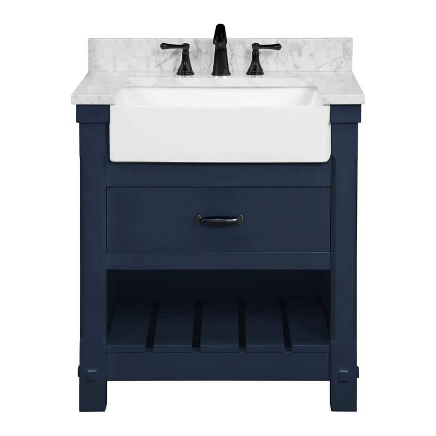 30" Farmington Freestanding Solid Wood Bathroom Vanity in Navy Blue with Carrara Engineered Stone Top with 4 in. Backsplash & Apron Farmhouse Sink