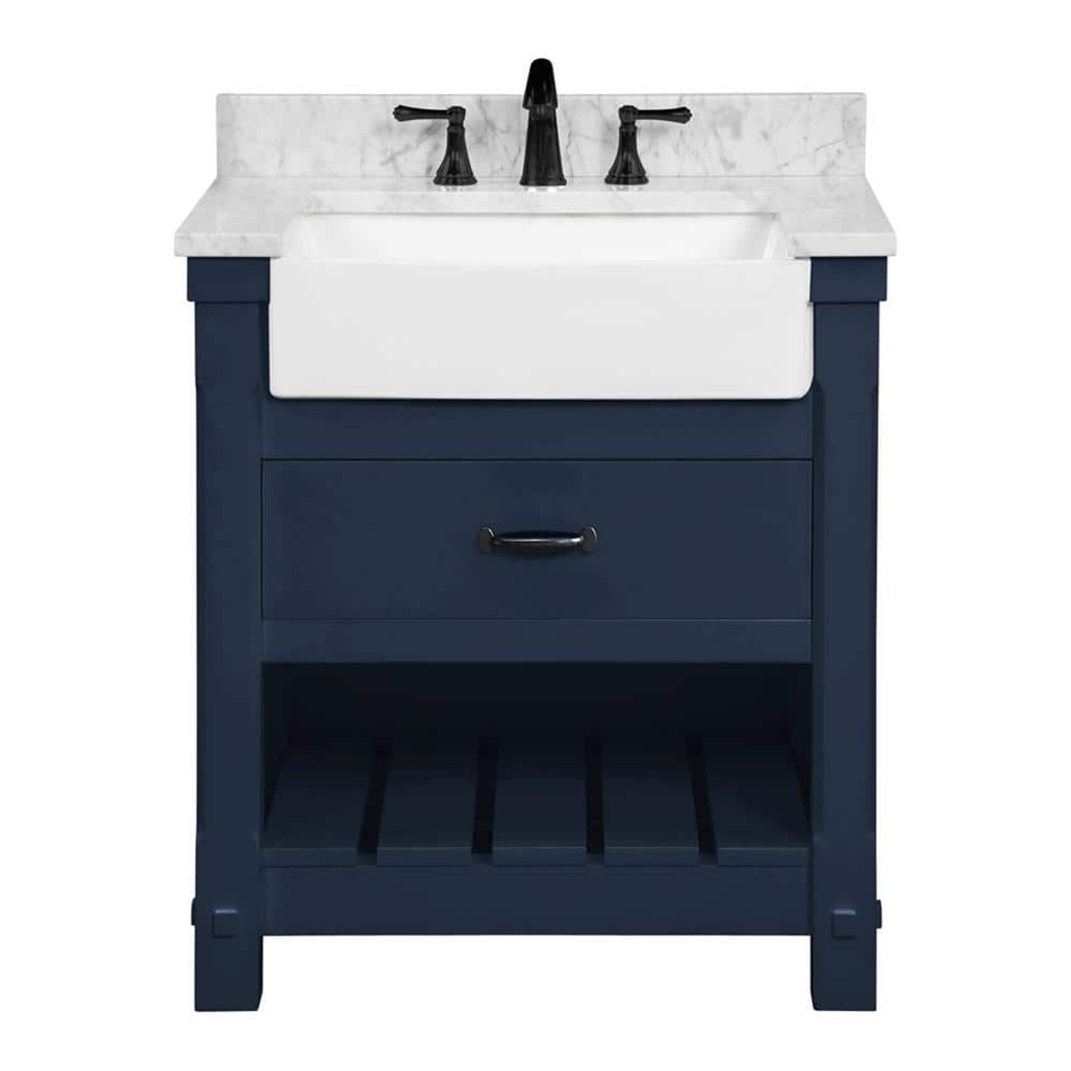 30" Farmington Freestanding Solid Wood Bathroom Vanity in Navy Blue with Carrara Engineered Stone Top with 4 in. Backsplash & Apron Farmhouse Sink