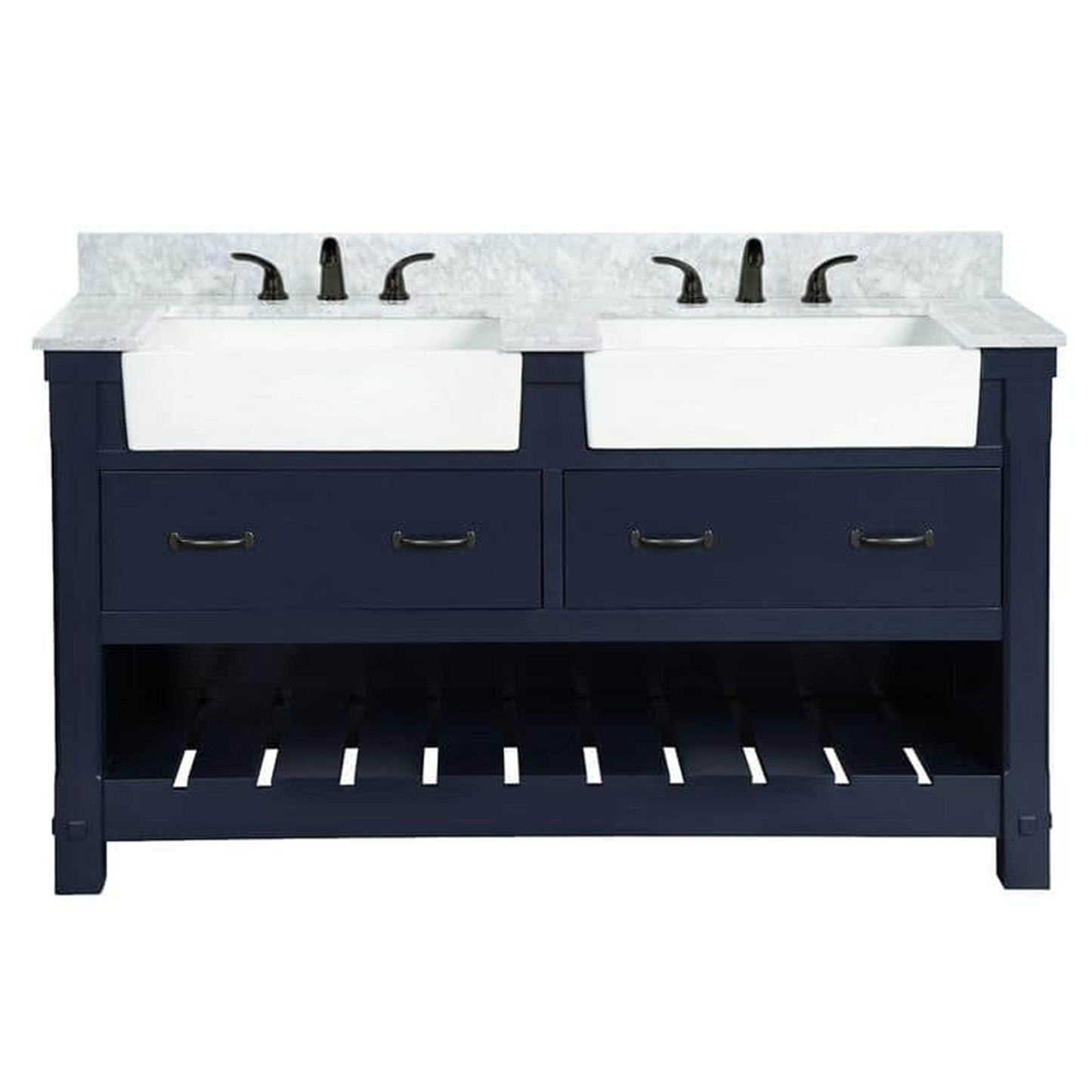 60" Farmington Freestanding Solid Wood Bathroom Vanity in Navy Blue with Carrara Engineered Stone Top with 4 in. Backsplash & Apron Farmhouse Double Sink