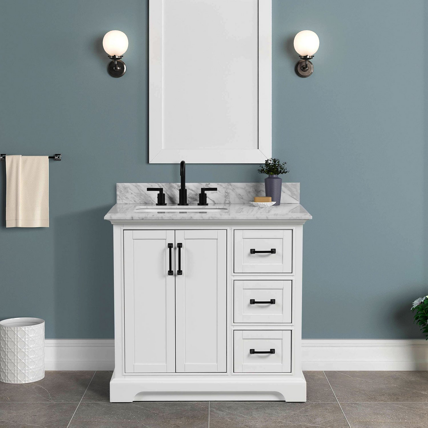36" Rhoda Freestanding White Solid Wood Bathroom Vanity with Natural Carrara White Marble Sink Top with 4 In. Backsplash