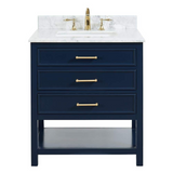30" Manhattan Freestanding Solid Wood Bathroom Vanity in Navy Blue with Natural Carrara White Marble Sink Top with 4 In. Backsplash