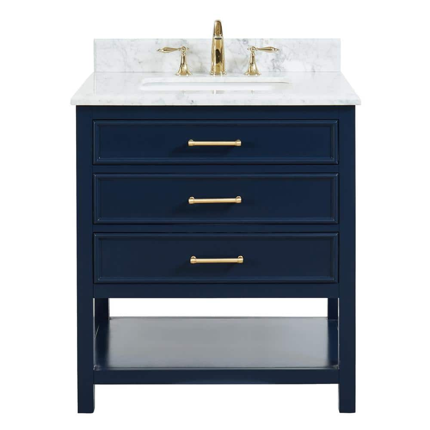 30" Manhattan Freestanding Solid Wood Bathroom Vanity in Navy Blue with Natural Carrara White Marble Sink Top with 4 In. Backsplash