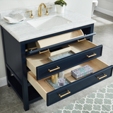 36" Manhattan Freestanding Solid Wood Bathroom Vanity in Navy Blue with Natural Carrara White Marble Sink Top with 4 In. Backsplash