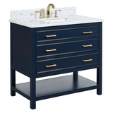 36" Manhattan Freestanding Solid Wood Bathroom Vanity in Navy Blue with Natural Carrara White Marble Sink Top with 4 In. Backsplash