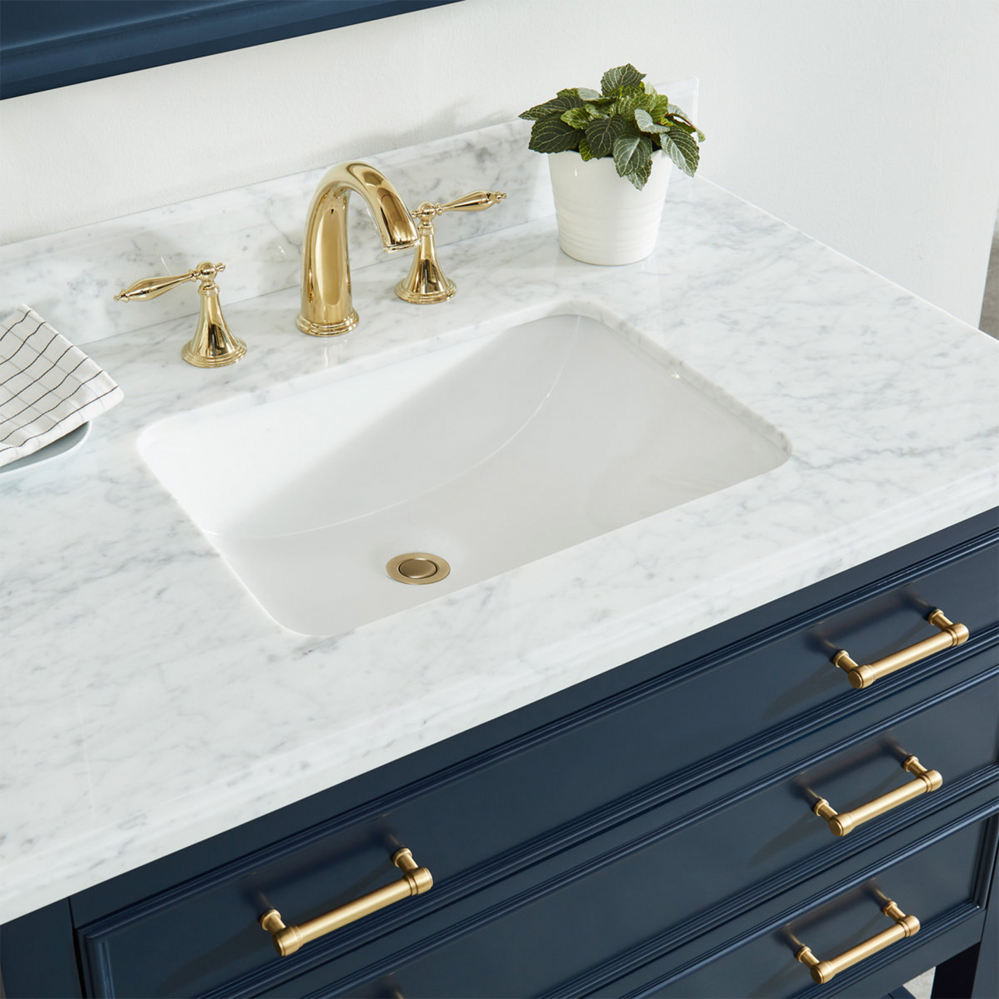 36" Manhattan Freestanding Solid Wood Bathroom Vanity in Navy Blue with Natural Carrara White Marble Sink Top with 4 In. Backsplash
