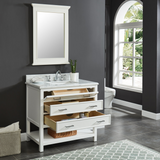 36" Manhattan Freestanding Solid Wood Bathroom Vanity in White with Natural Carrara White Marble Sink Top with 4 In. Backsplash
