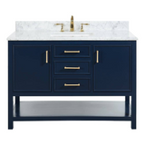 48" Manhattan Freestanding Solid Wood Bathroom Vanity in Navy Blue with Natural Carrara White Marble Sink Top with 4 In. Backsplash