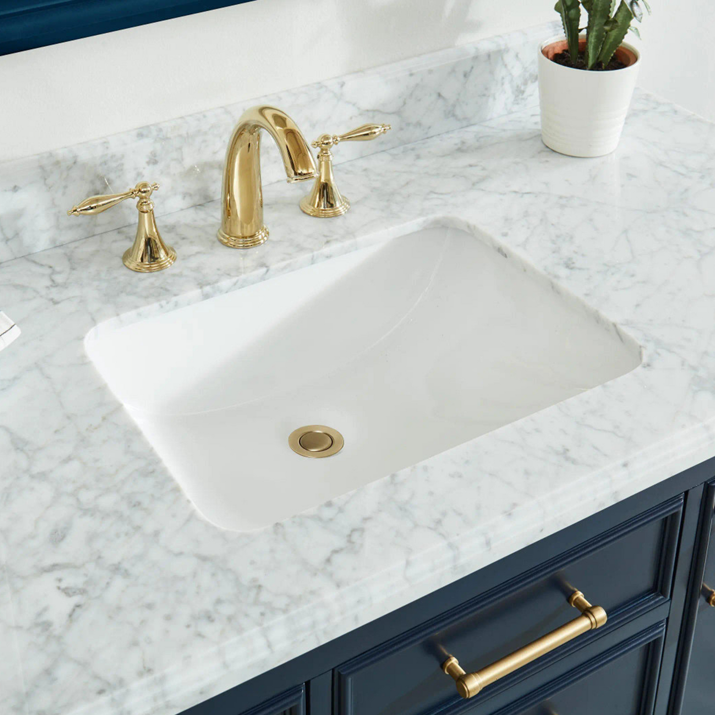 48" Manhattan Freestanding Solid Wood Bathroom Vanity in Navy Blue with Natural Carrara White Marble Sink Top with 4 In. Backsplash