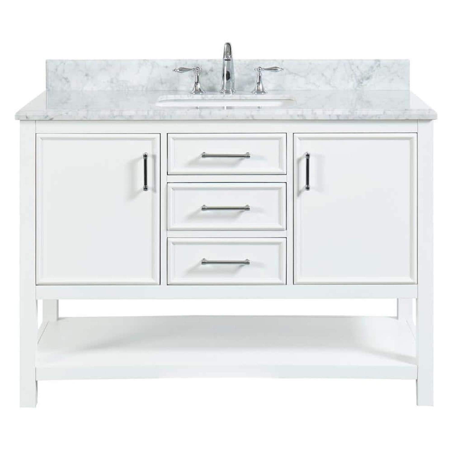 48" Manhattan Freestanding Solid Wood Bathroom Vanity in White with Natural Carrara White Marble Sink Top with 4 In. Backsplash