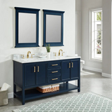 60" Manhattan Freestanding Solid Wood Bathroom Vanity in Navy Blue with Natural Carrara White Marble Double Sink Top with 4 In. Backsplash