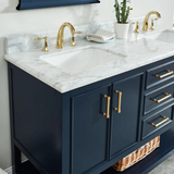 60" Manhattan Freestanding Solid Wood Bathroom Vanity in Navy Blue with Natural Carrara White Marble Double Sink Top with 4 In. Backsplash