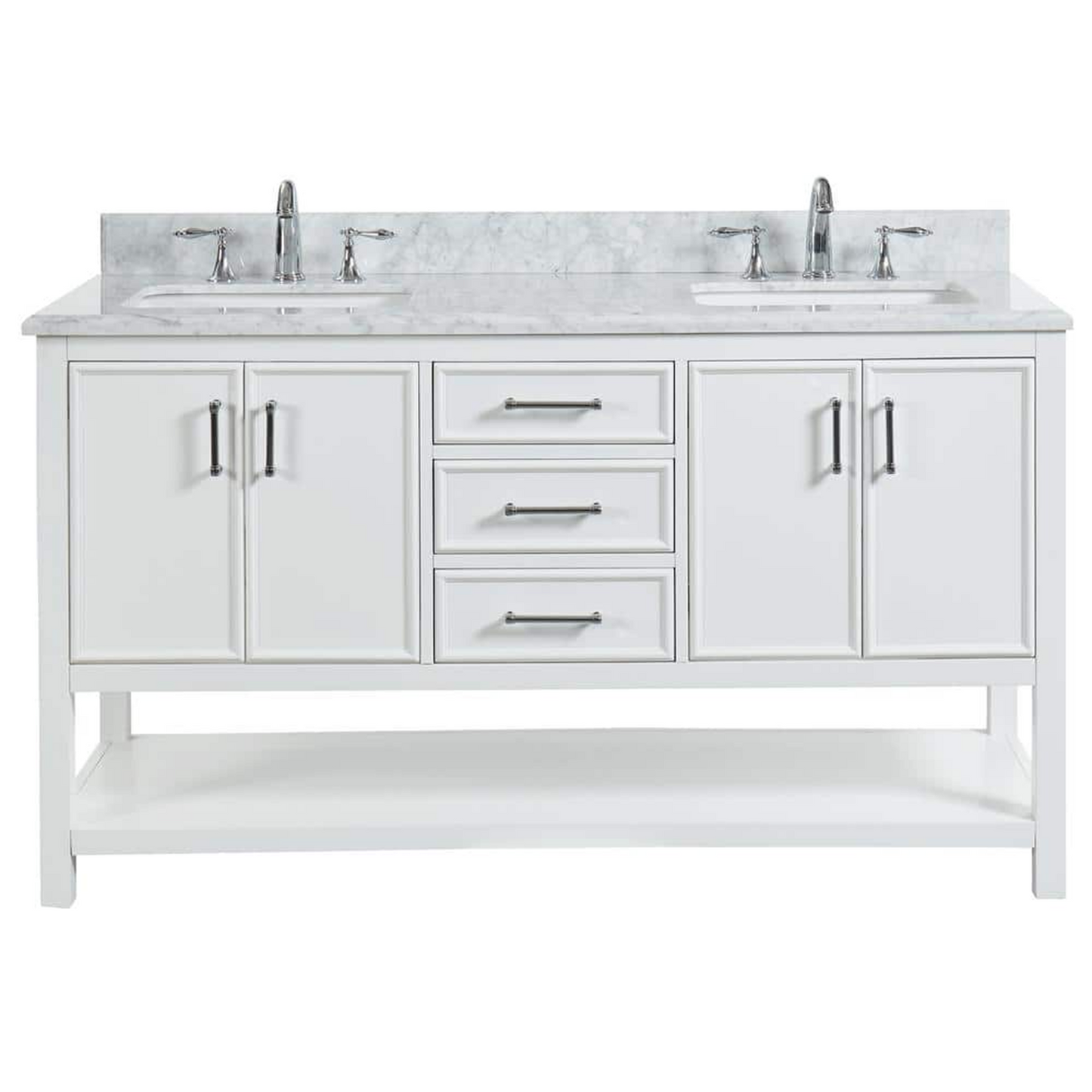 60" Manhattan Freestanding Solid Wood Bathroom Vanity in White with Natural Carrara White Marble Double Sink Top with 4 In. Backsplash