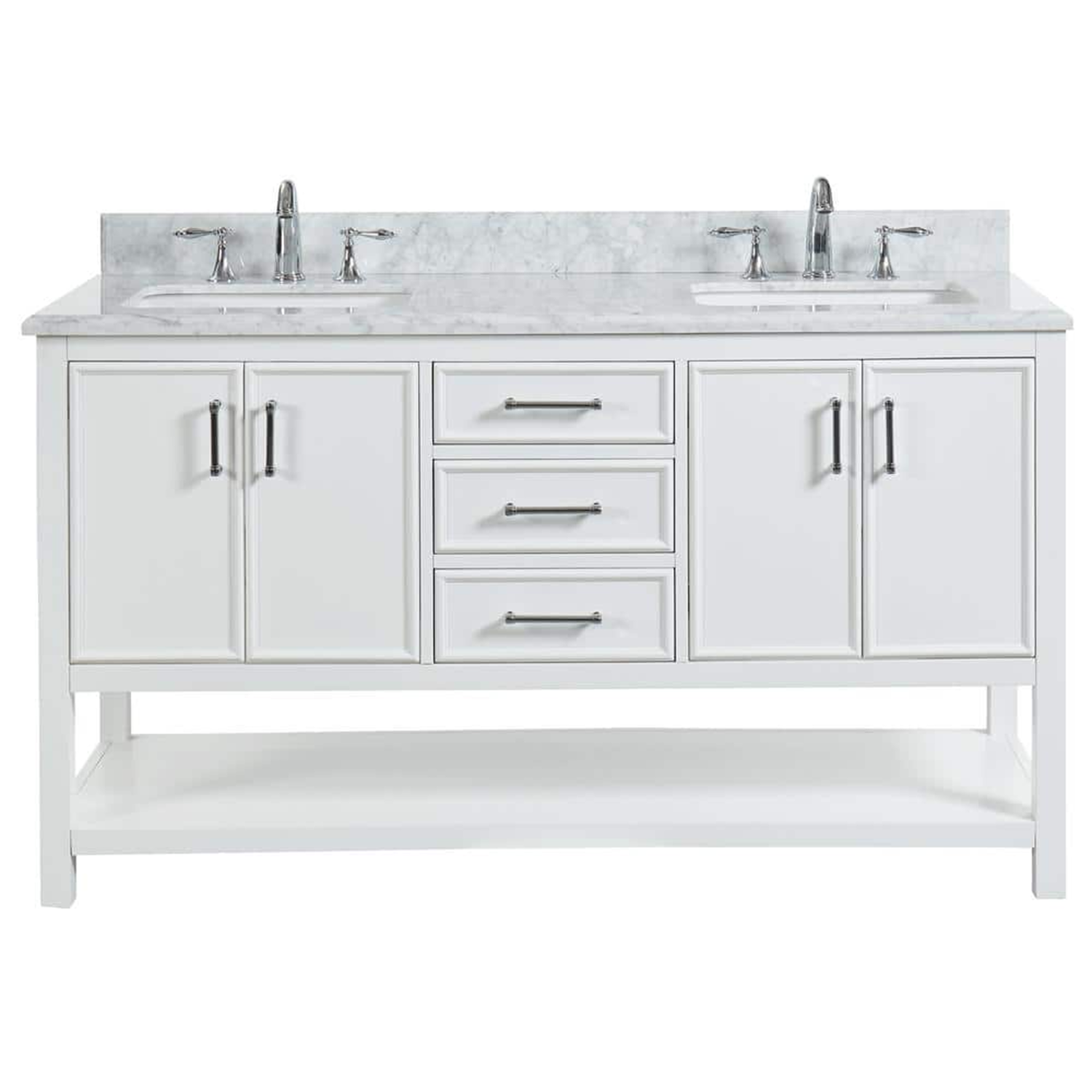 60" Manhattan Freestanding Solid Wood Bathroom Vanity in White with Natural Carrara White Marble Double Sink Top with 4 In. Backsplash