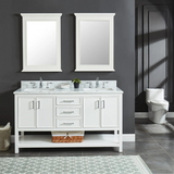 60" Manhattan Freestanding Solid Wood Bathroom Vanity in White with Natural Carrara White Marble Double Sink Top with 4 In. Backsplash