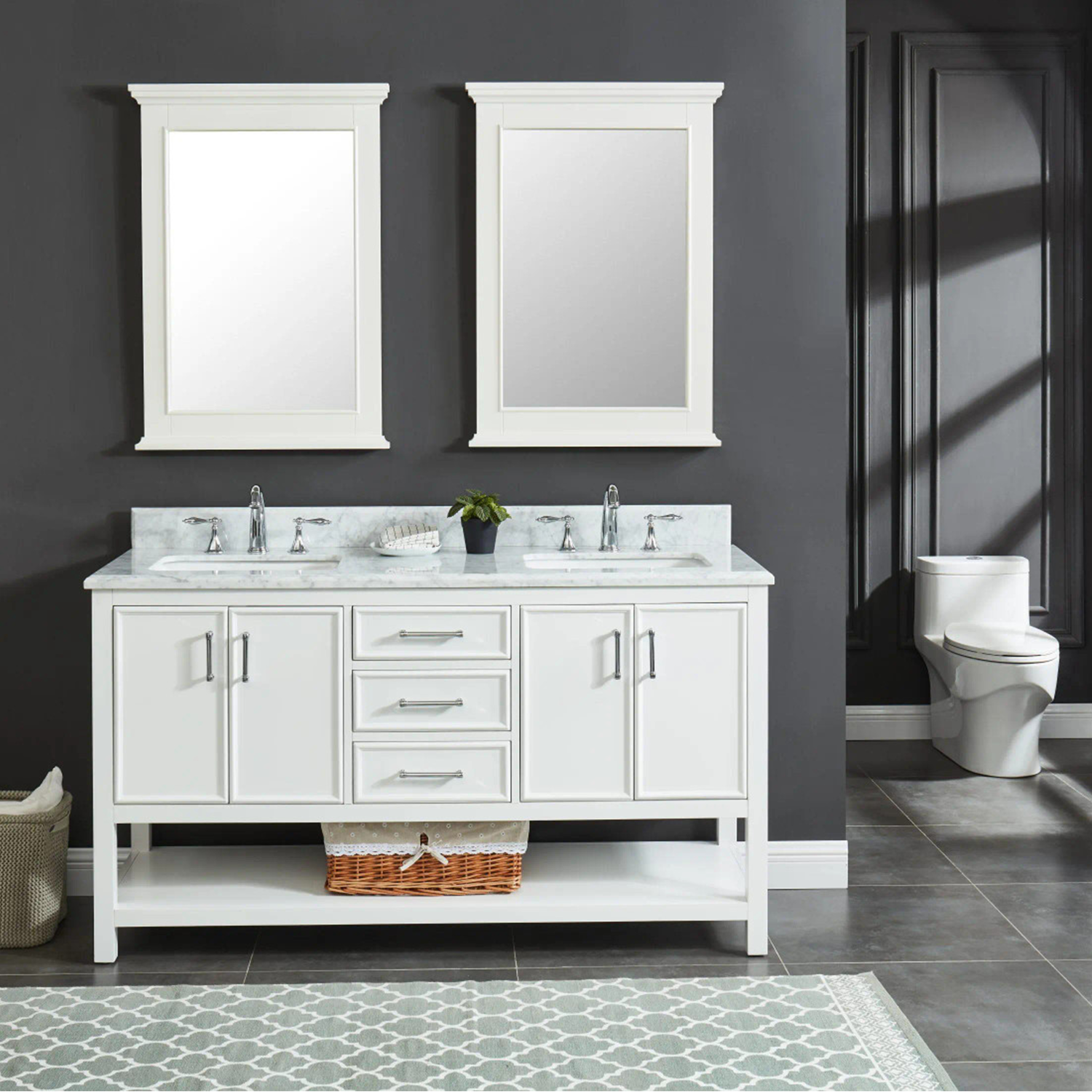 60" Manhattan Freestanding Solid Wood Bathroom Vanity in White with Natural Carrara White Marble Double Sink Top with 4 In. Backsplash