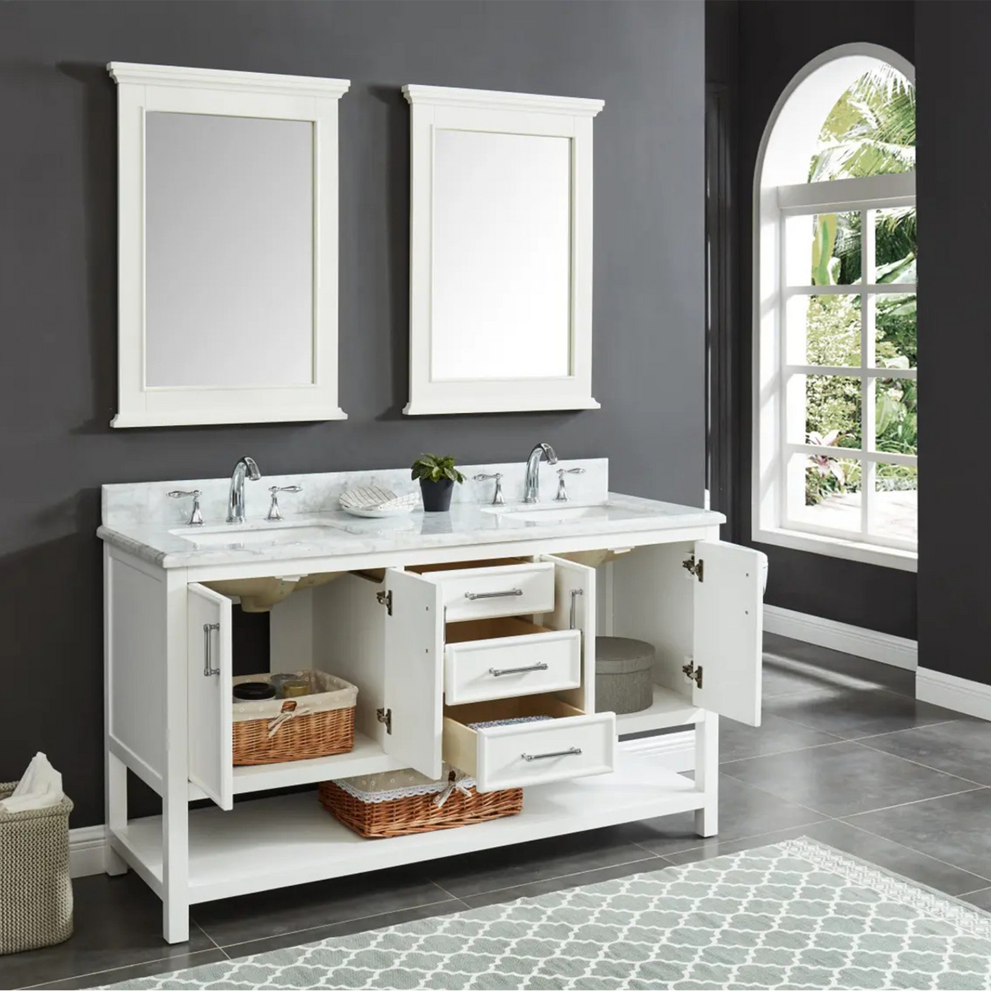 61" Bathroom Vanity in White With Double Sink - Premium Manhattan Family