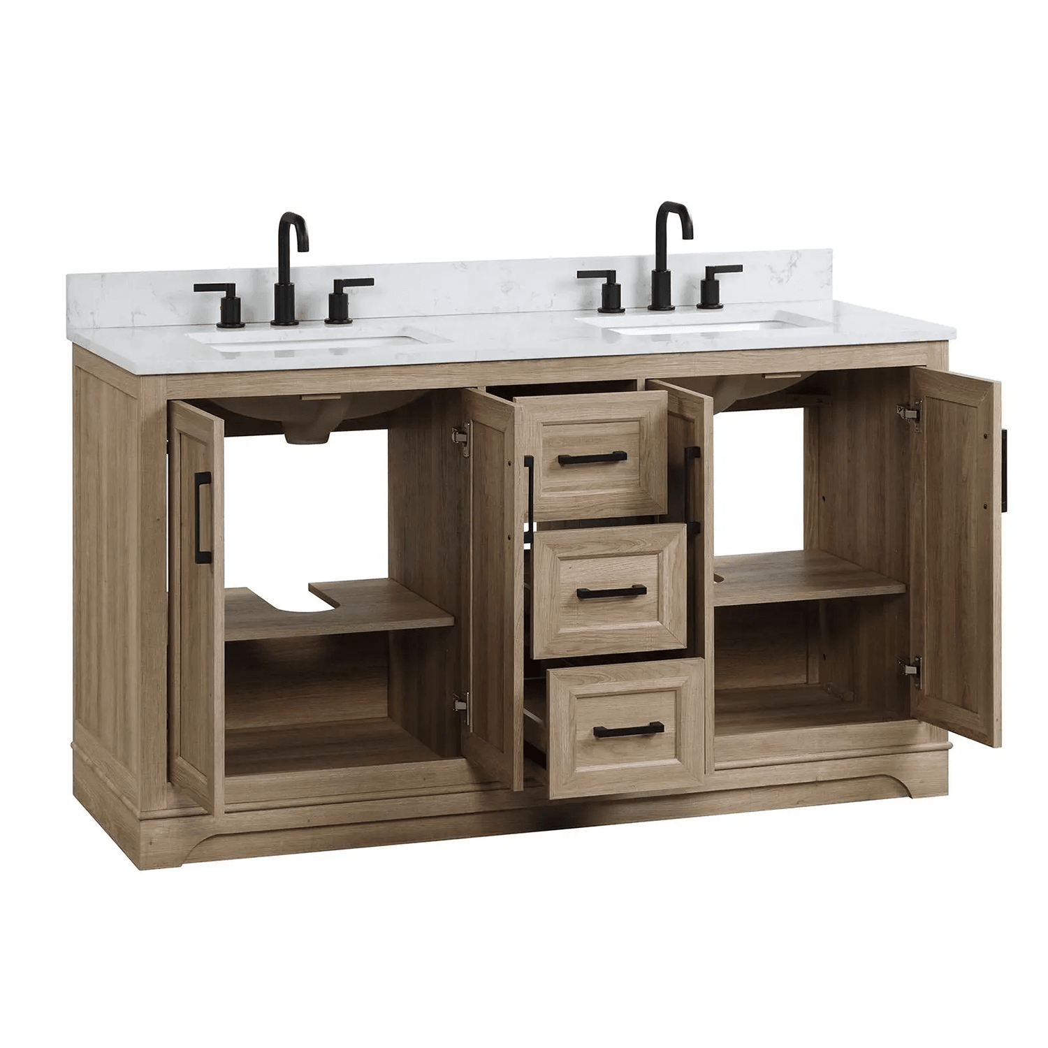 60" Retford Freestanding Solid Wood Bathroom Vanity With Carrara White Engineered Stone Double Sink Top & 4 In. Backsplash in Light wooden finish
