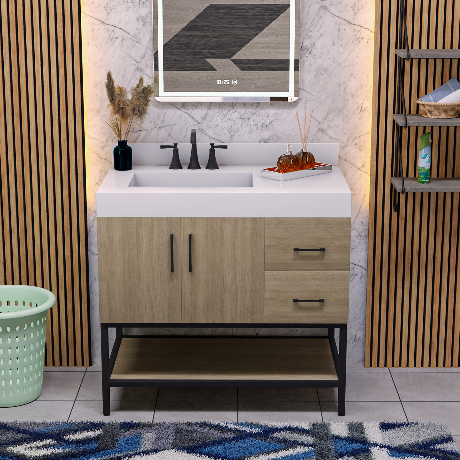 36" Utopia Freestanding Solid Wood Bathroom Vanity Combo with Calacatta Sintered Stone Top with Metal Base with Open Shelf Storage - Dark Oak Finish