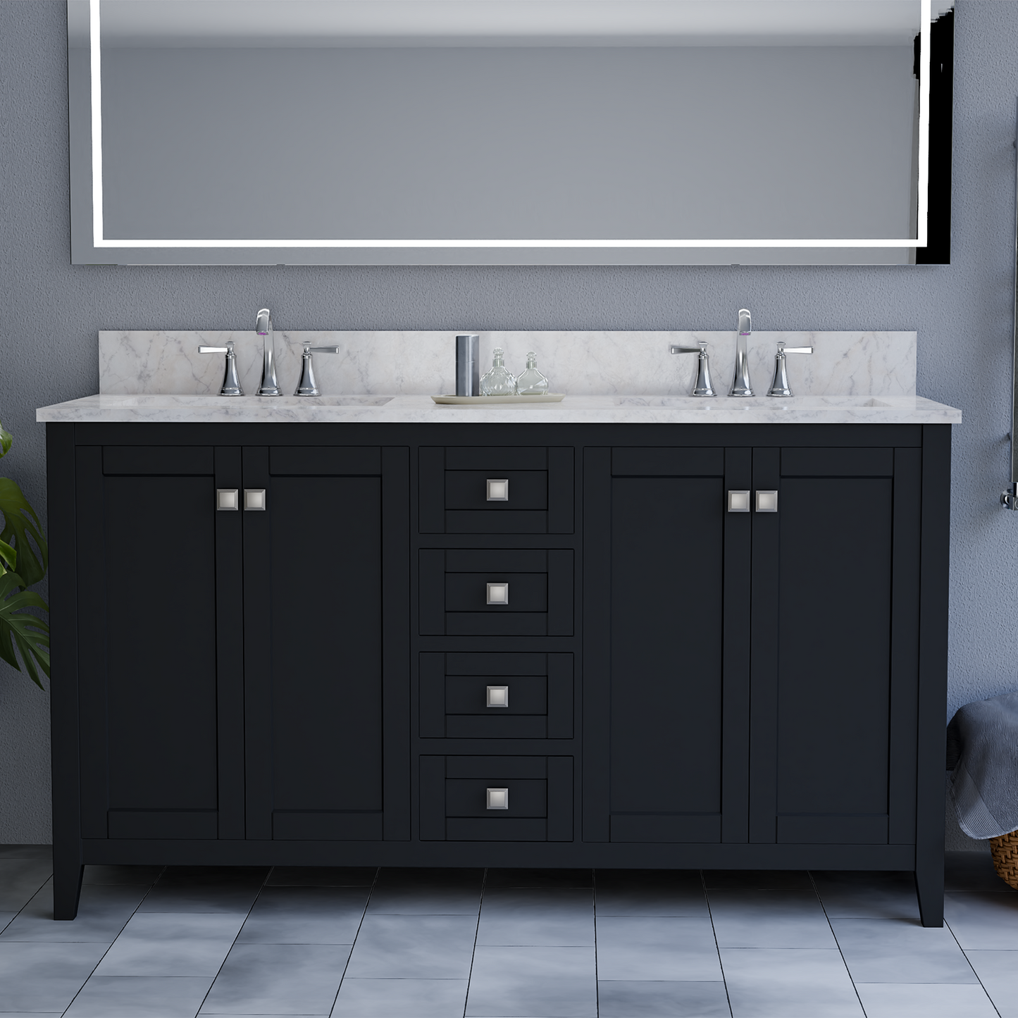 60" Coltrane Espresso Freestanding Solid Wood Bathroom Vanity With Premium Carrara Natural Marble Double Sink Top with 4 In. Backsplash