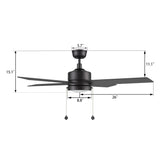 ASCOTT 52 In 4 Blade Smart Ceiling Fan With Integrated LED Lights With Pull Chain