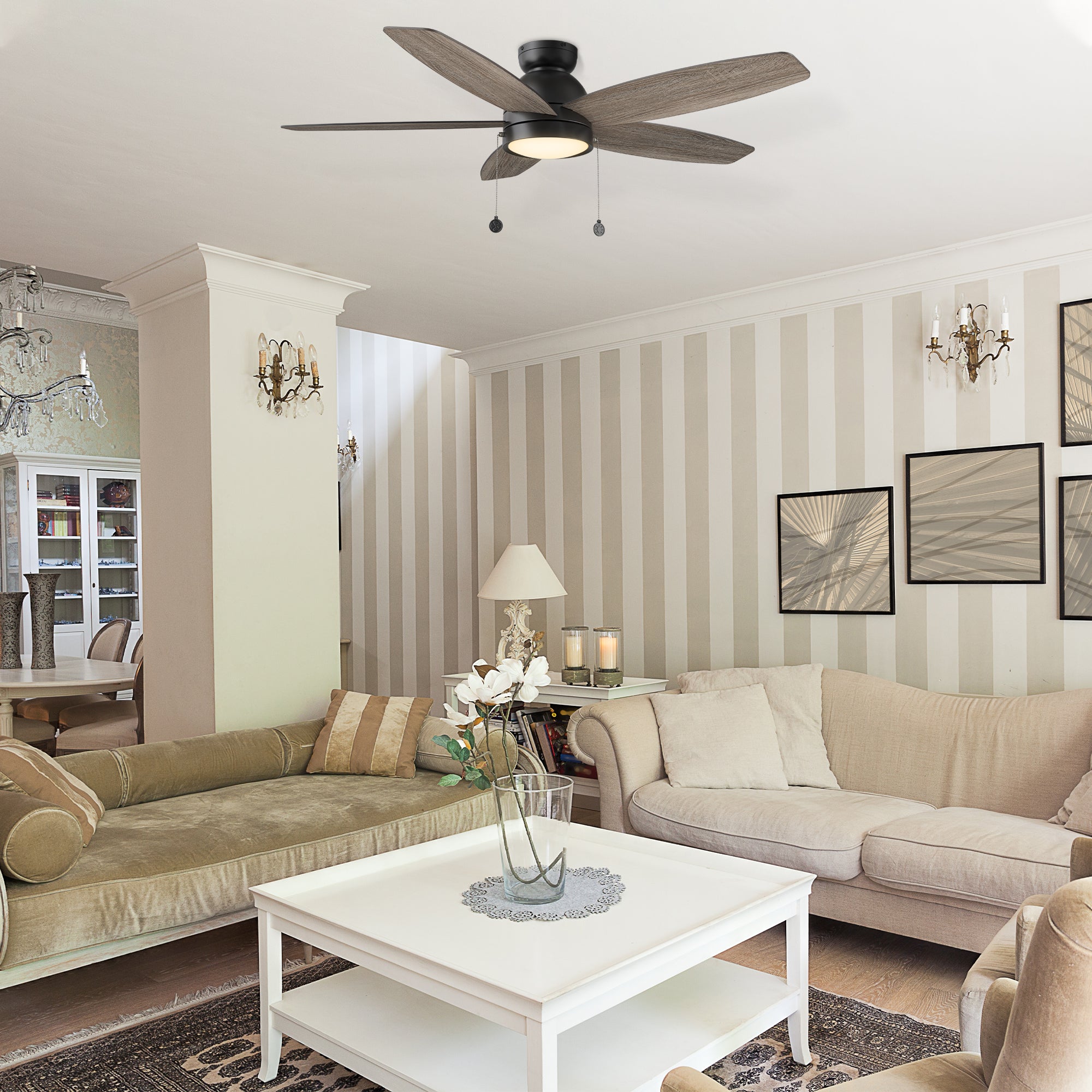 GREENWOOD 48" 5-Blade Flush Mount Ceiling Fan with LED Light & Pull Chain
