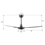 Oberon 56 Inch 3 Blade No Light Ceiling Fan With Remote