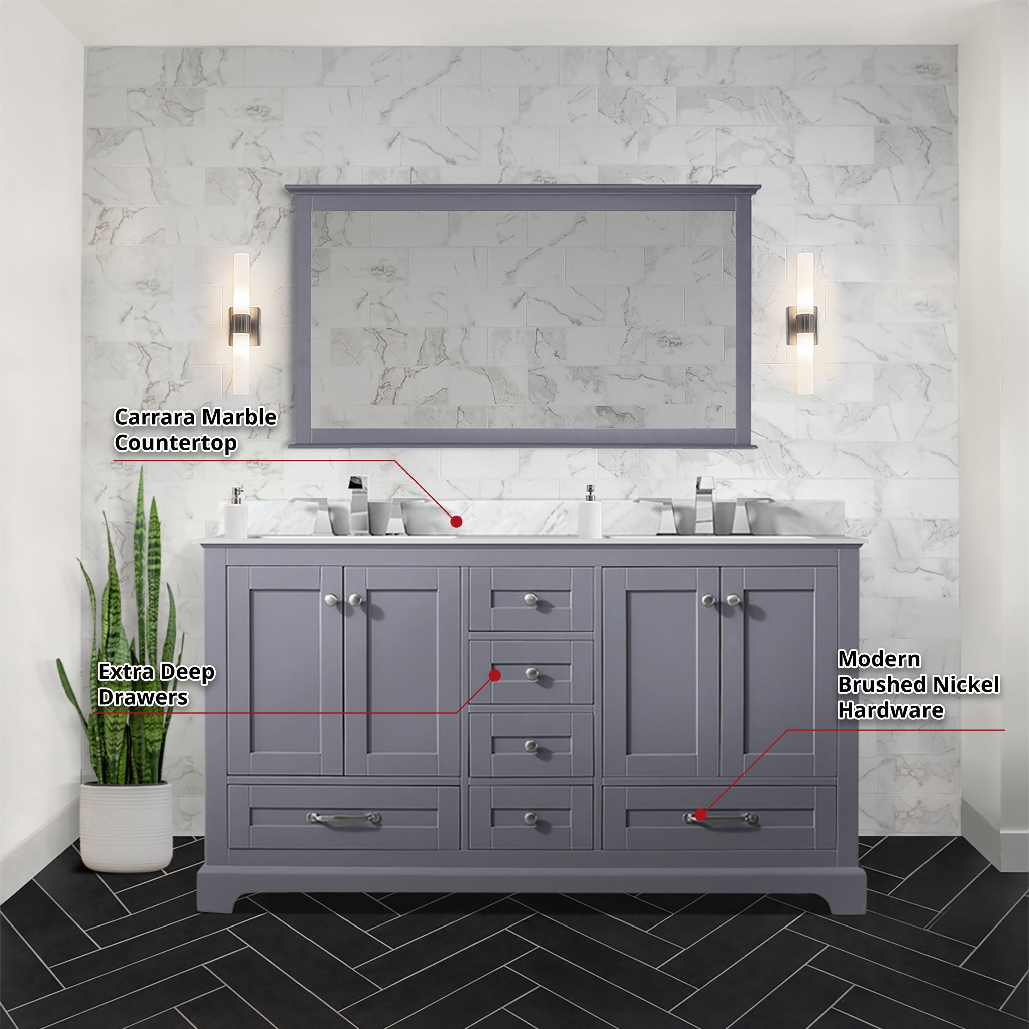 Dukes 60 in. Freestanding Bathroom Vanity with White Carrara Marble Top, White Square Sink