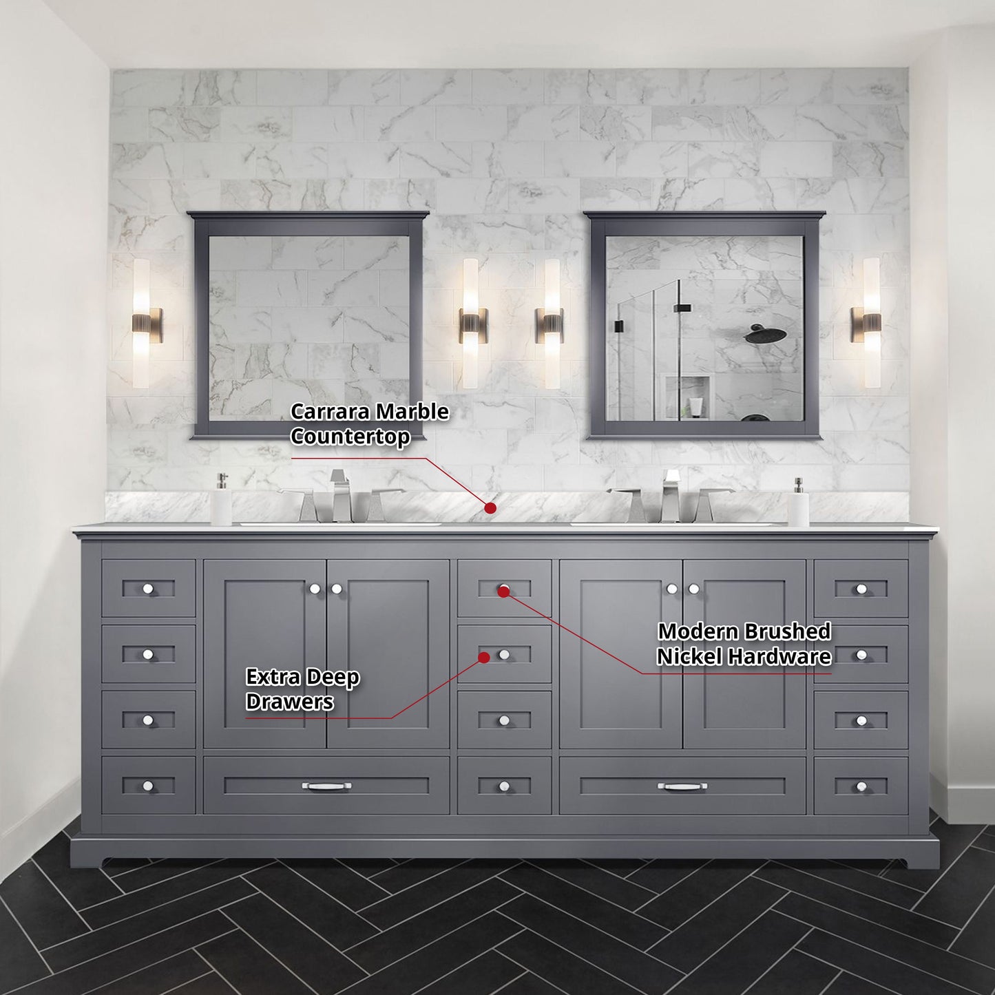 Dukes 84 in. Freestanding Bathroom Vanity with White Carrara Marble Top, White Square Sink