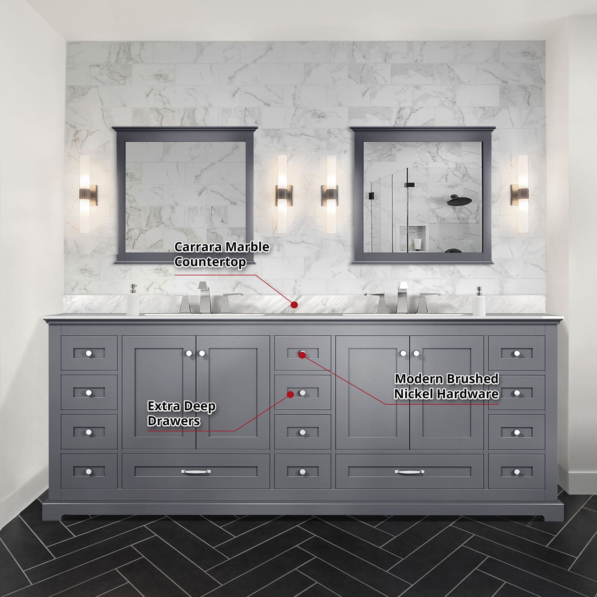Dukes 84 in. Freestanding Bathroom Vanity with White Carrara Marble Top, White Square Sink