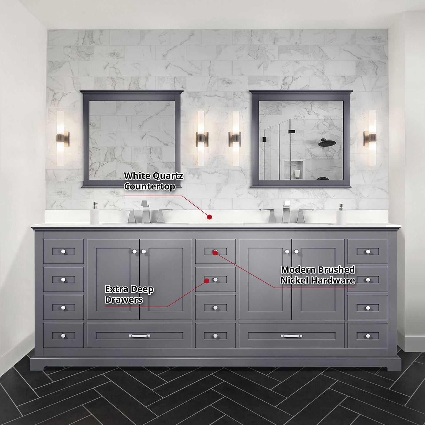 Dukes 84" Navy Blue Double Vanity, White Quartz Top, White Square Sinks and 34" Mirrors