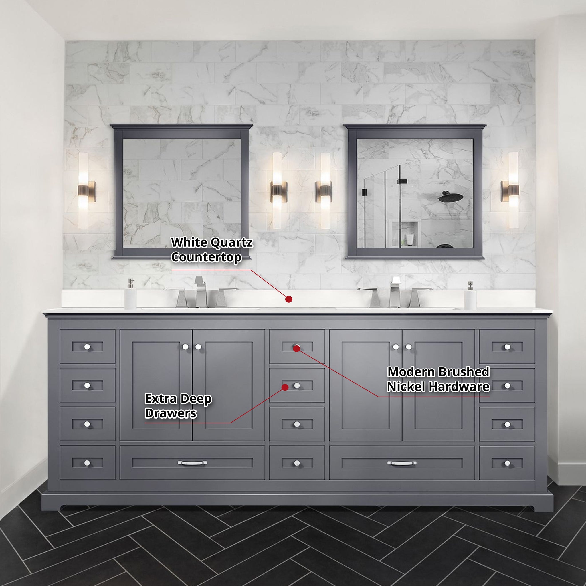 Dukes 84" Navy Blue Double Vanity, White Quartz Top, White Square Sinks and 34" Mirrors