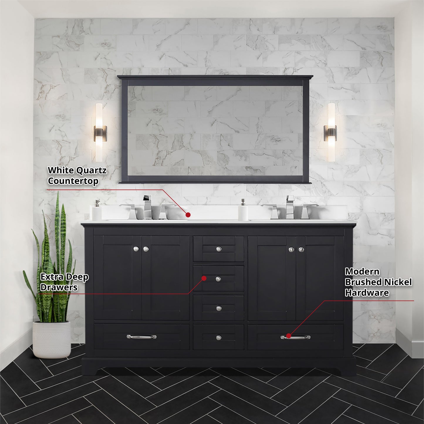 Dukes 60" Espresso Double Vanity, White Quartz Top, White Square Sinks and 58" Mirror