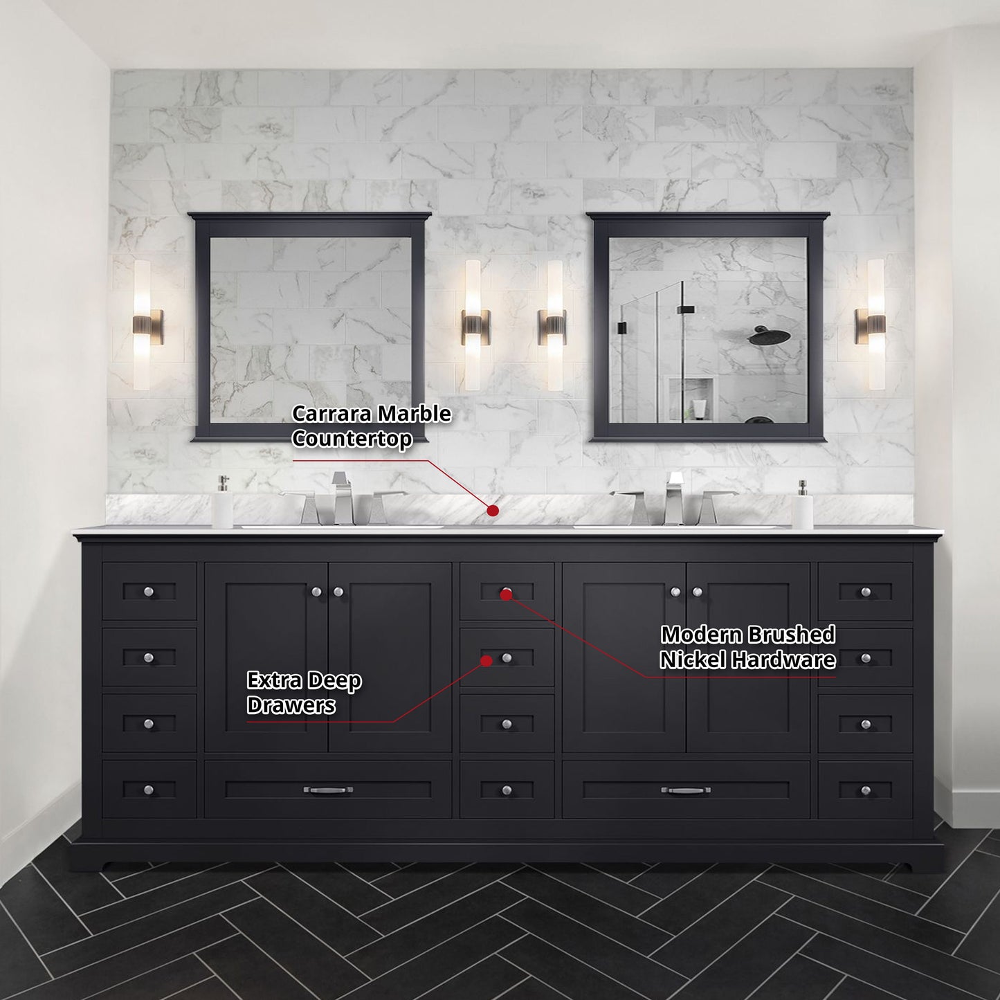 Dukes 84 in. Bathroom Freestanding Bathroom Vanity With Undermount Ceramic Sink with White Carrara Marble Top
