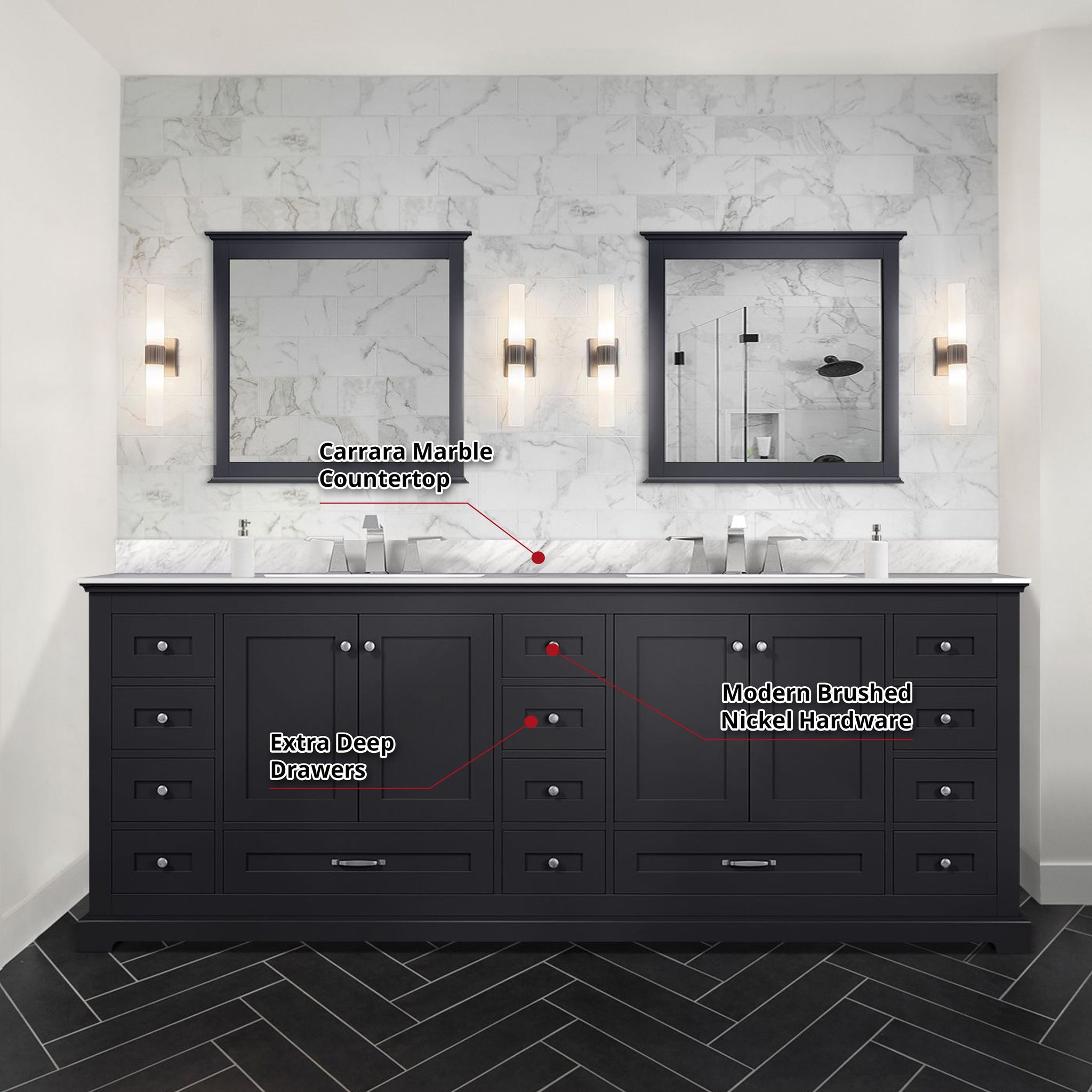 Dukes 84 in. Bathroom Freestanding Bathroom Vanity With Undermount Ceramic Sink with White Carrara Marble Top