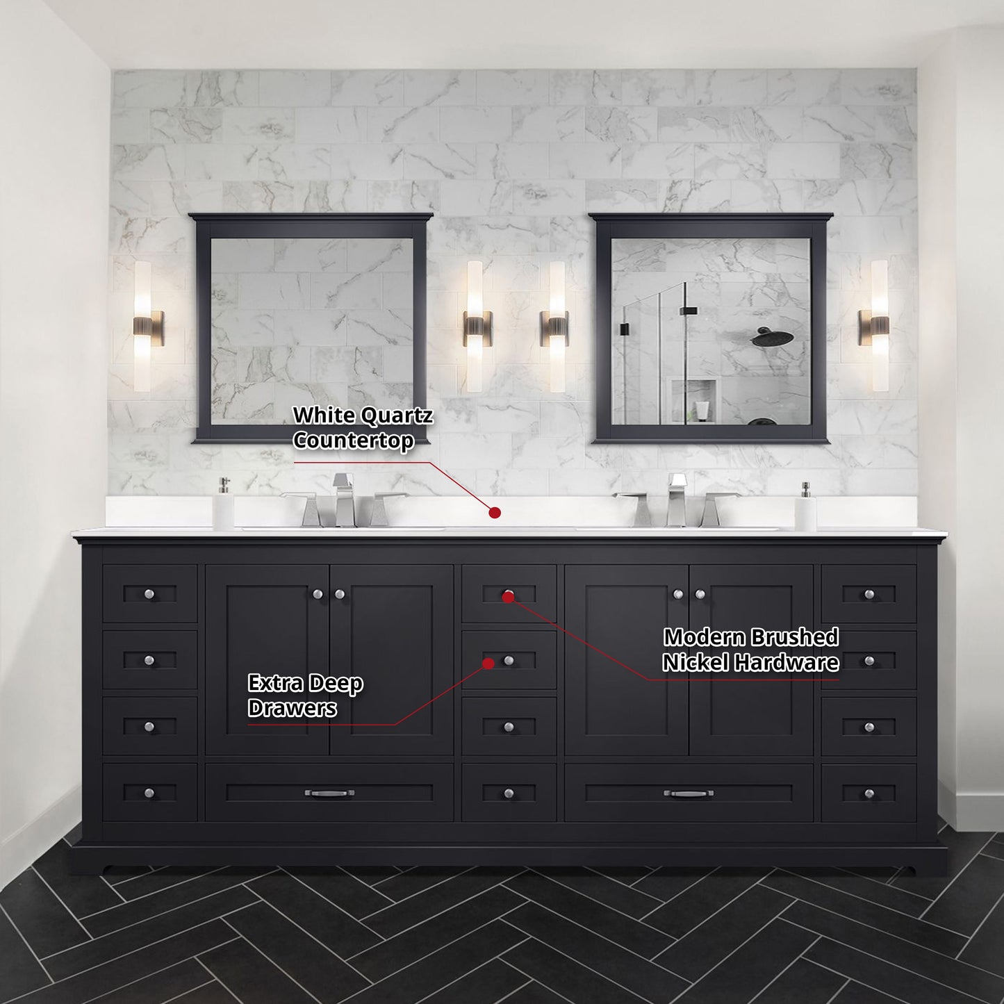 Dukes 84" Espresso Double Vanity, White Quartz Top, White Square Sinks and 34" Mirrors w/ Faucets