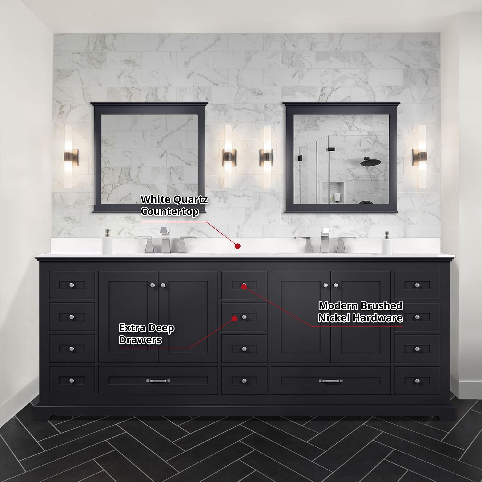 Dukes 84" Espresso Double Vanity, White Quartz Top, White Square Sinks and 34" Mirrors