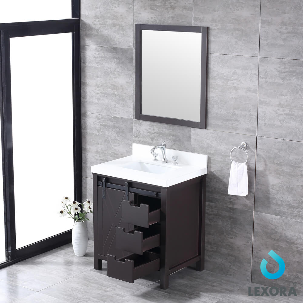 Marsyas 30" Brown Single Vanity, White Quartz Top, White Square Sink and 28" Mirror w/ Faucet