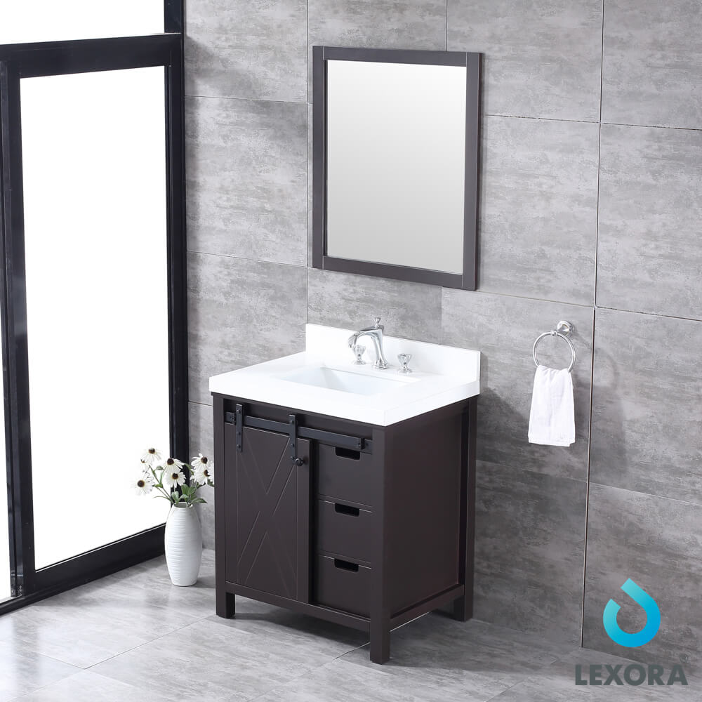 Marsyas 30" Brown Single Vanity, White Quartz Top, White Square Sink and 28" Mirror w/ Faucet