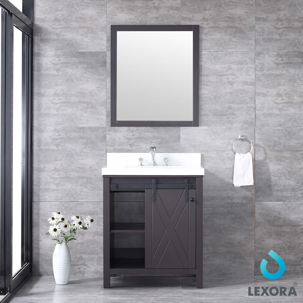 Marsyas 30" Brown Single Vanity, White Quartz Top, White Square Sink and 28" Mirror w/ Faucet