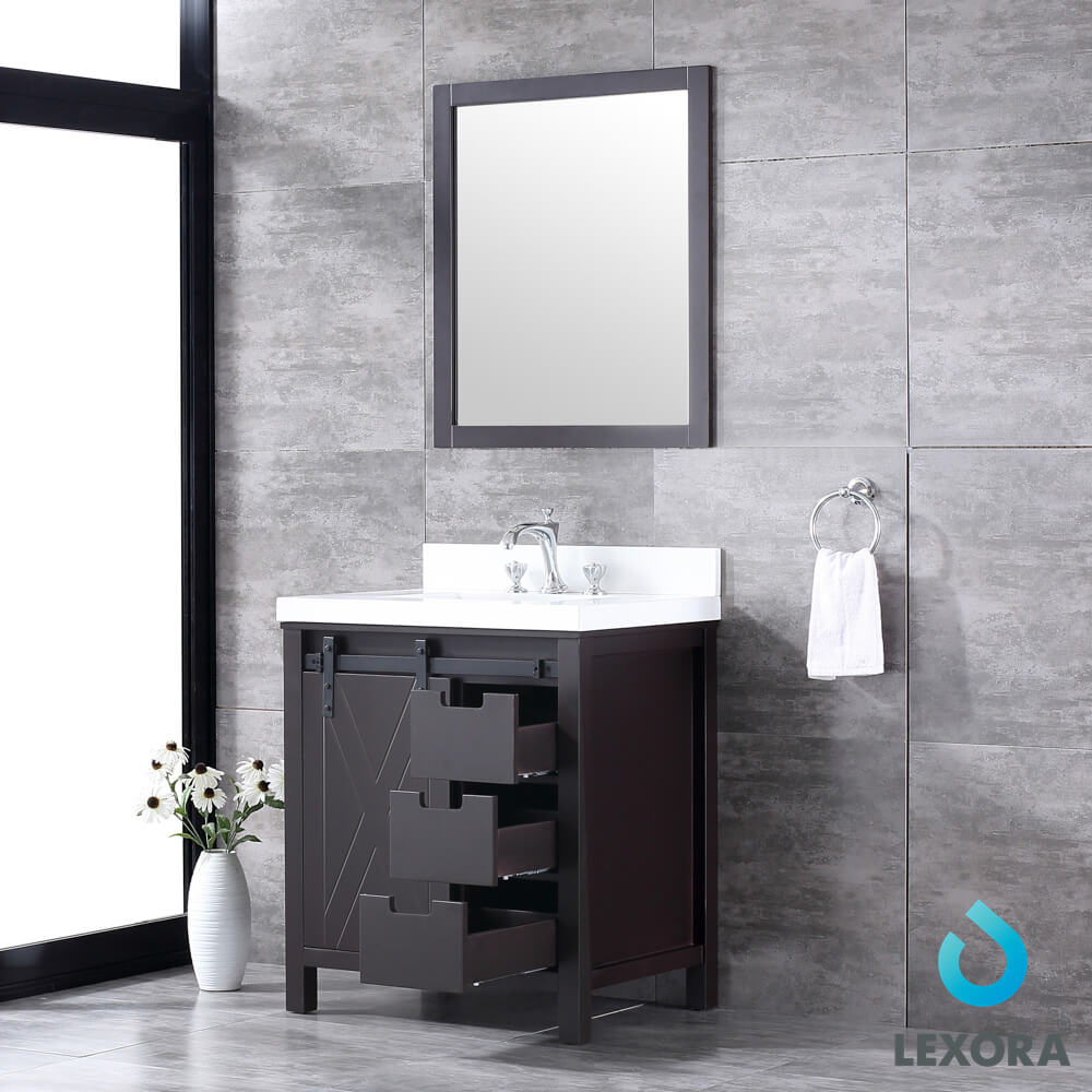 Marsyas 30" Brown Single Vanity, White Quartz Top, White Square Sink and 28" Mirror w/ Faucet