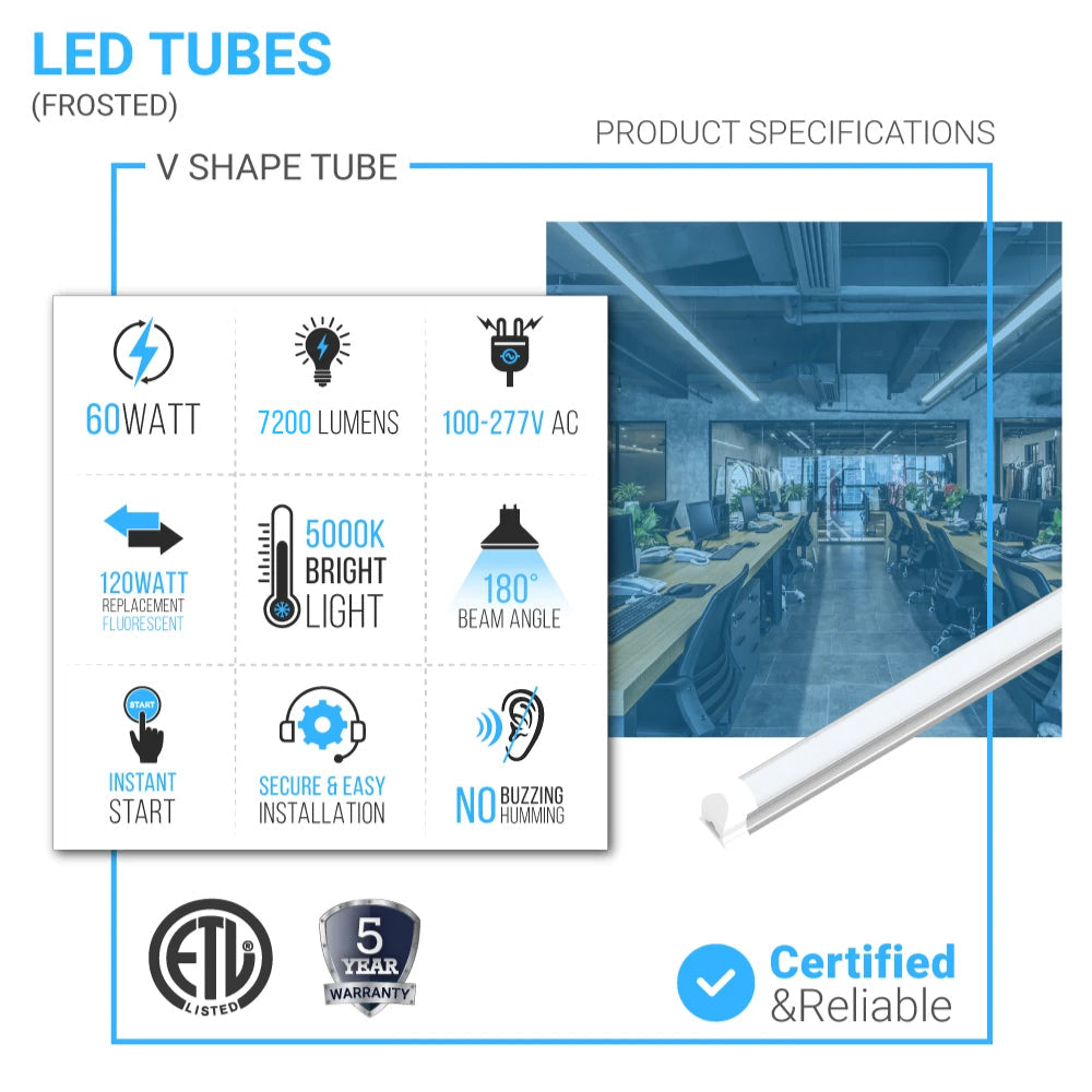 T8 8ft Integrated LED Tube Light 60W V-Shape 5000K Daylight White, Frosted, 8 Foot Plug and Play Linkable LED Shop Lights, Damp Location