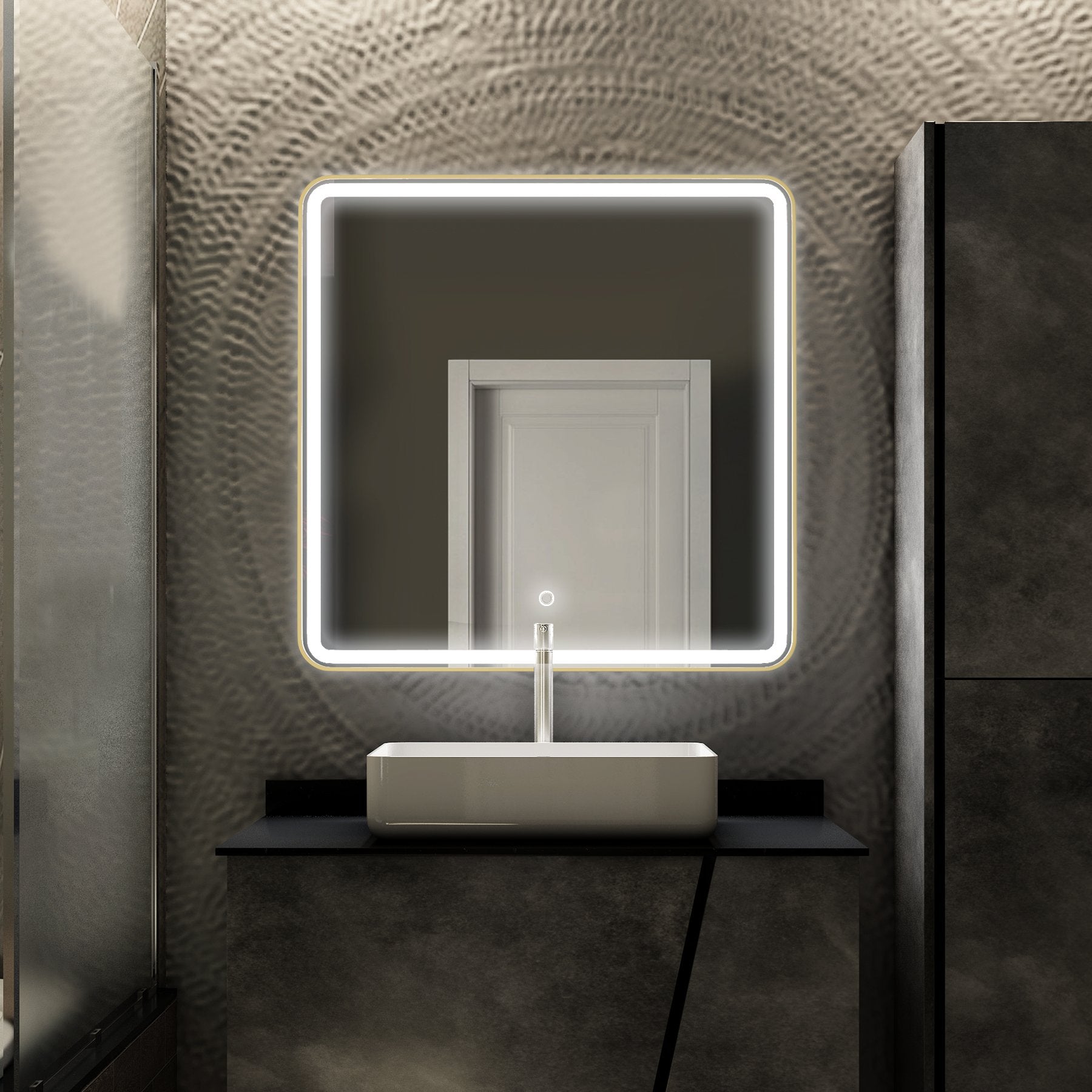 LED Lighted Bathroom Vanity Mirror With Shelf, Wall-Mounted, Touch Switch,  Anti-Fog Adjustable Color Temperature & Remembrance, CRI 90+, Lighted Makeup Mirrors, Raven Style