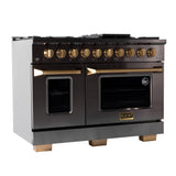 KUCHT Gemstone Professional 48 in. 6.7 cu. ft. Dual Fuel Range for Natural Gas with Sealed Burners, Griddle/Grill and Two Ovens - One Convection - in Titanium Stainless Steel